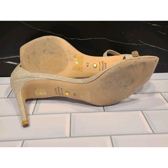Stuart Weitzman Nudistcurve Ankle Strap Platino Glitter Sandals Heels | 8½ EUC - Picture 11 of 12